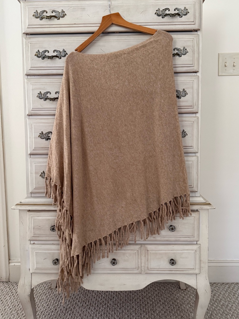 Beige Wool Cashmere Fringe Poncho